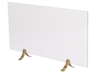 MODERNIST GLASS FIRE SCREEN HAVING CURVED BRASS FEET C 1970