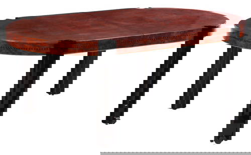 A ROCHE BOBOIS (ATTR.) BURL WOOD WITH INLAY DINING TABLE. NO LEAVES PRESENT.: A Roche Bobois (attr.) burl wood with inlay dining table. No leaves present. Ht: 29" Wd: 75.5" Dpth: 43.75"