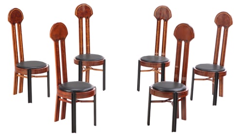 A SET OF SIX ROCHE BOBOIS (ATTR) BURL WOOD WITH INLAY DINING CHAIRS.