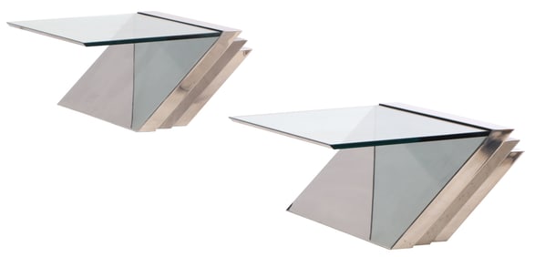 PAIR OF CANTILEVERED GLASS AND CHROME END TABLES C 1980.