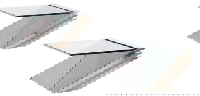 PAIR OF CANTILEVERED GLASS AND CHROME END TABLES C 1980.: Pair of cantilevered glass and chrome end tables C 1980. Ht: 16" Wd: 31" Dpth: 36"