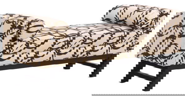 A MODERN UPHOLSTERED WINDOW BENCH ON AN EBONIZED WOOD BASE.: A modern upholstered window bench on an ebonized wood base. Ht: 21.5" Wd: 53.5" Dpth: 21"