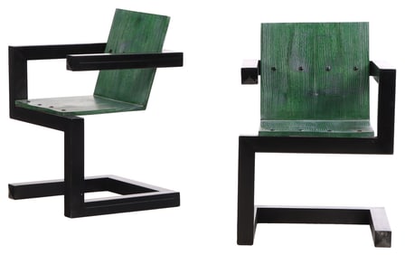 PAIR GEOMTETRIC PAINTED IRON AND GREEN STAINED WOOD OPEN ARM CHAIRS