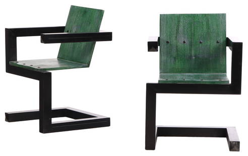 PAIR GEOMTETRIC PAINTED IRON AND GREEN STAINED WOOD OPEN ARM CHAIRS: Pair geomtetric painted iron and green stained wood open arm chairs Ht: 35.5" Wd: 25.25" Dpth: 23.25" Seat: 19"