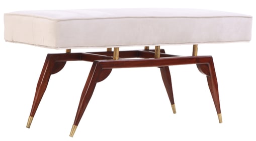 WOOD AND BRASS UPHOLSTERED BENCH IN THE MANNER OF ICO PARISI HAVING NEW FABRIC.