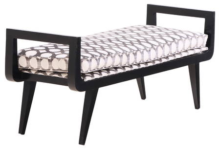 AN EBONIZED WOOD AND UPHOLSTERED WINDOW BENCH WITH RECENT FABRIC.: An ebonized wood and upholstered window bench with recent fabric. Ht: 19.5" Wd: 45.75" Dpth: 15" Seat: 15"