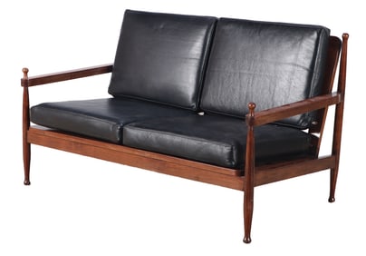 DANISH STYLE TWO SEAT SETTEE C 1950 HAVING NEW LEATHER CUSHIONS