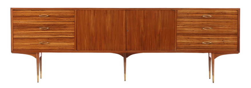 ROSEWOOD AND MAHOGANY SIDEBOARD HAVING CENTRAL DOORS FLANKED BY BANKS OF THREE DRAWERS WITH: Rosewood and mahogany sideboard having central doors flanked by banks of three drawers with bronze hardware C 1960. Ht: 32.5" Wd: 98.25" Dpth: 18.75"