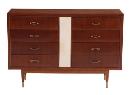 EIGHT DRAWER WALNUT DRESSER HAVING PARCHMENT PANEL AND ELEGANT BRASS HARDWARE C 1960.: Eight drawer walnut dresser having parchment panel and elegant brass hardware C 1960. Ht: 34" Wd: 51.5" Dpth: 18"