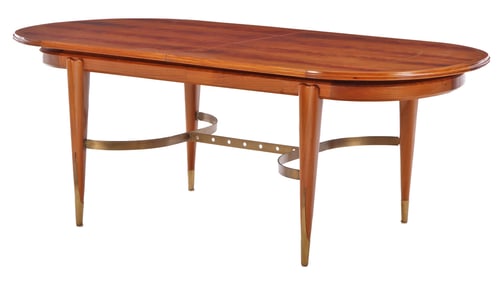 AN UNUSUAL MAHOGANY AND BRASS INLAID DINING TABLE C 1950 HAVING A BRASS STRETCHER AND TWO ORIGINAL