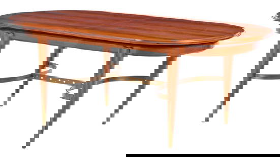AN UNUSUAL MAHOGANY AND BRASS INLAID DINING TABLE C 1950 HAVING A BRASS STRETCHER AND TWO ORIGINAL: An unusual mahogany and brass inlaid dining table C 1950 having a brass stretcher and two original leaves. The width of each leaf is 18.25". Ht: 29.75" Wd: 78.5" Dpth: 42"