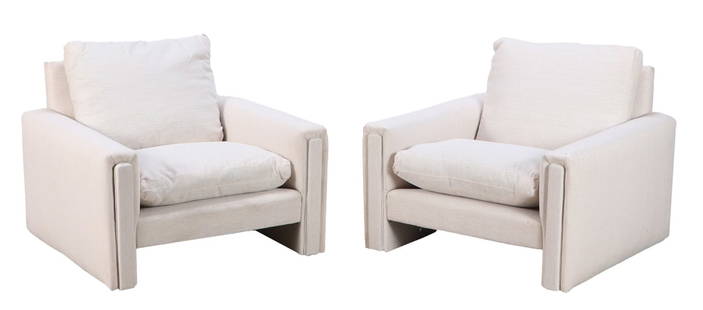 PAIR OF UPHOLSTERED LOUNGE CHAIRS C 1970 HAVING NEW FABRIC.: Pair of upholstered lounge chairs C 1970 having new fabric. Ht: 27" Wd: 35" Dpth: 34" Seat: 17"