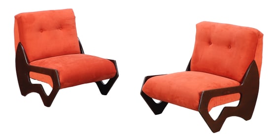 PAIR OF WOOD AND UPHOLSTERED SLIPPER CHAIRS C 1960 WITH NEW FABRIC.