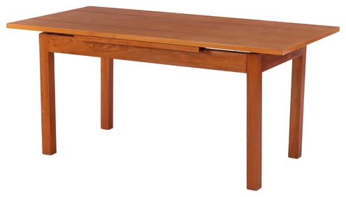 A SIMPLE MAHOGANY DINING TABLE HAVING SQUARE LEGS AND TWO PULL OUT LEAVES C 1960.