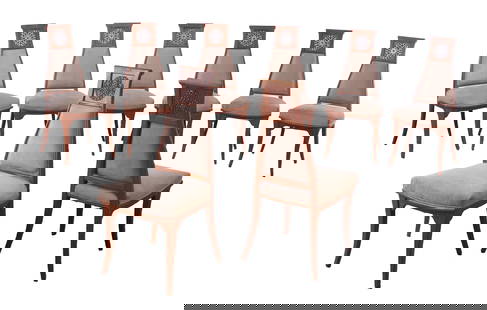 EIGHT CARVED DINING CHAIRS IN THE MANNER OF JAMES MONT C 1960.: Eight carved dining chairs in the manner of James Mont C 1960. Ht: 40" Wd: 18" Dpth: 20" Seat: 19.5"
