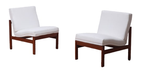 PAIR DANISH STYLE SLIPPER CHAIRS C 1950 HAVING NEW BOUCLE TYPE FABRIC.