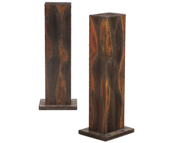 PAIR OF DECORATED IRON PEDESTALS IN THE MANNER OF PAUL EVANS,
