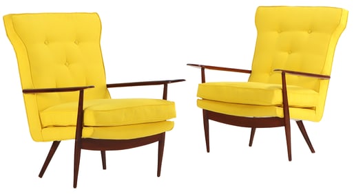 PAIR OF UPHOLSTERED OPEN ARMCHAIRS IN THE MANNER OF NAKASHIMA.