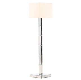 A TALL MIRRORED FLOOR LAMP WITH SHADE.