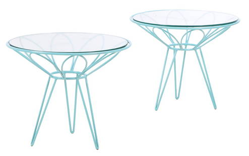 A PAIR OF PAINTED BLUE IRON AND GLASS GARDEN OR DECK TABLES IN THE MANNER OF RUSSELL WOODARD.: A pair of painted blue iron and glass garden or deck tables in the manner of Russell Woodard. Ht: 26.5" Wd: 29.25" Dpth: 15"