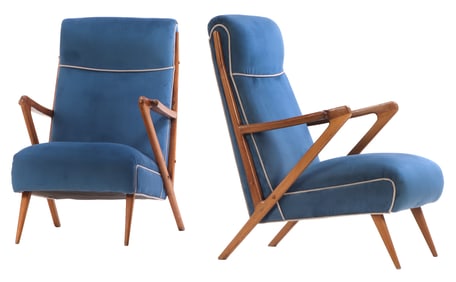 PAIR OF ITALIAN OPEN ARM CHAIRS C 1950 WITH NEW FABRIC.