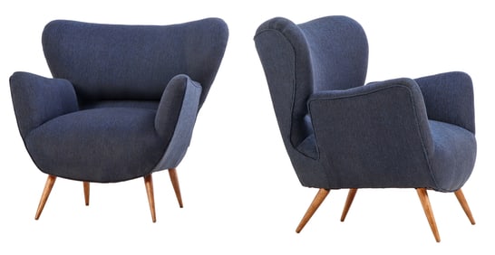 PAIR OVERSTUFFED ITALIAN UPHOLSTERED LOUNGE CHAIRS C 1950 WITH NEW FABRIC.