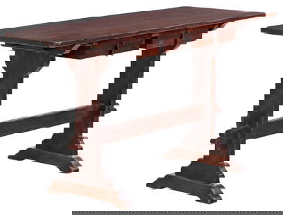 A MODERN RUSTIC OAK SOFA OR CONSOLE TABLE WITH TWO DRAWERS AND MORTIS AND TENON CONSTRUCTION  C1950.: A modern rustic oak sofa or console table with two drawers and mortis and tenon construction C1950. Kneehole measuring a height of 23.5". Ht: 27.5" Wd: 19.75" Dpth: 23.5"