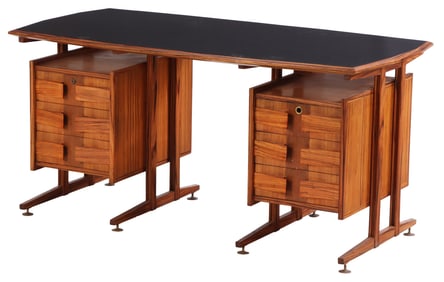 INTERESTING ITALIAN ROSEWOOD DOUBLE PEDESTAL DESK OF ARCHITECTURAL FORM HAVING AN INSET BLACK