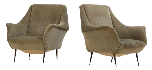 PAIR OF ITALIAN UPHOLSTERED LOUNGE CHAIRS ON IRON LEGS C 1950.