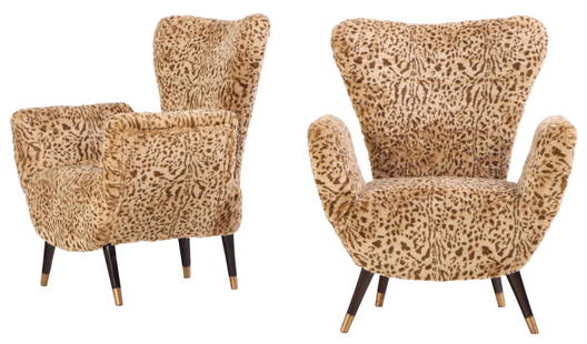 A PAIR OF PAOLO BUFFA STYLE LOUNGE CHAIRS IN NEW ANIMAL PRINT UPHOLSTERY.: A pair of Paolo Buffa style lounge chairs in new animal print upholstery. Ht: 38.5" Wd: 32.5" Dpth: 31" Seat: 18"