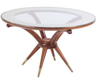 ITALIAN MAHOGANY, BRASS, GLASS AND PARCHMENT TABLE IN THE MANNER OF ICO PARISI C 1955.