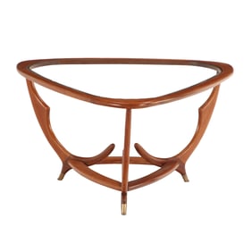 ITALIAN MAHOGANY TRIANGULAR GLASS TOP COFFEE TABLE C 1950.