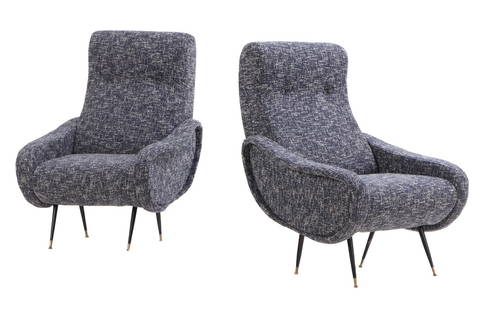PAIR OF UPHOLSTERED LOUNGE CHAIRS RESTING ON IRON AND BRASS LEGS IN THE MANNER OF MARCO ZANUSO.: Pair of upholstered lounge chairs resting on iron and brass legs in the manner of Marco Zanuso. Ht: 39.5" Wd: 29.5" Dpth: 24.5" Seat: 17"