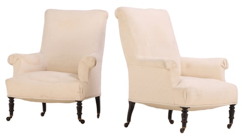 PAIR NAPOLEON III LIBRARY CHAIRS RESTING ON EBONIZED AND TURNED FEET C 1860.