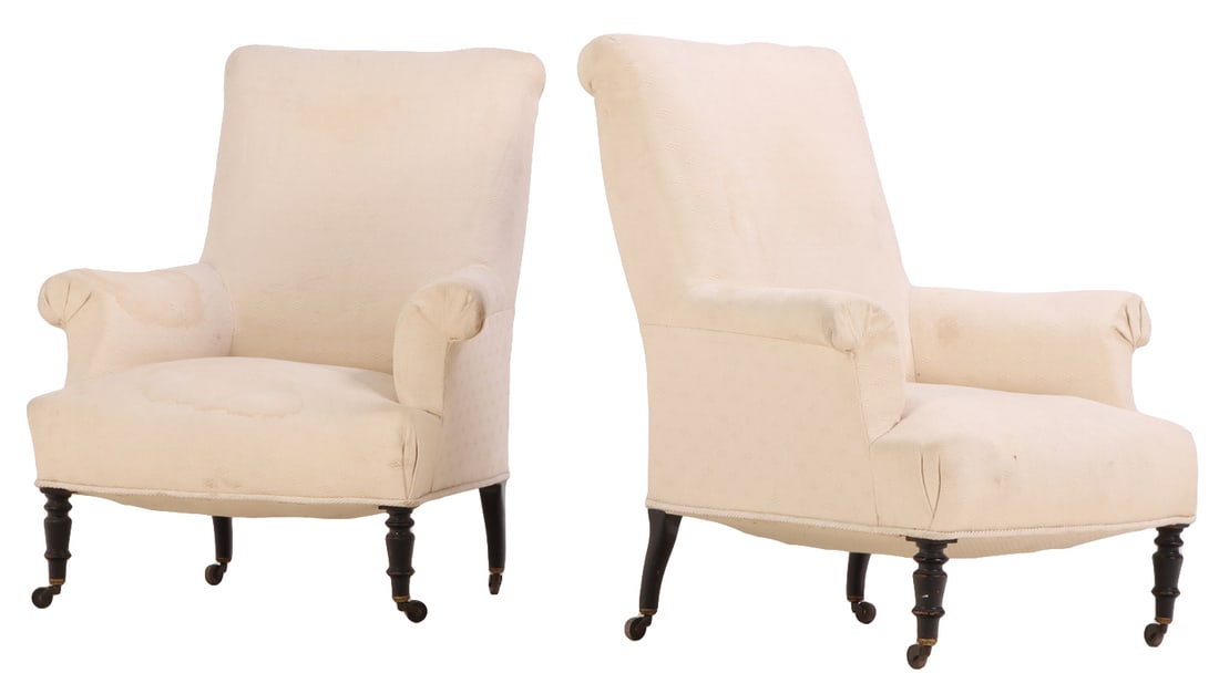 PAIR NAPOLEON III LIBRARY CHAIRS RESTING ON EBONIZED AND TURNED FEET C 1860.