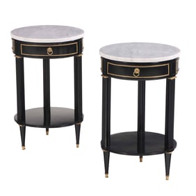 PAIR OF ROUND EBONIZED AND  BRONZE MOUNTED MARBLE TOP TABLES IN THE DIRECTOIRE STYLE C 1940.