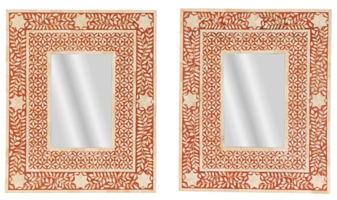 PAIR FAUX BONE INLAID MIRRORS WITH FLORAL MOTIF.