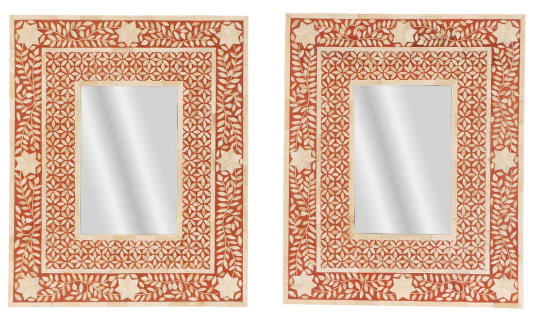 PAIR FAUX BONE INLAID MIRRORS WITH FLORAL MOTIF.: Pair faux bone inlaid mirrors with floral motif. Ht: 22.5" Wd: 18.25"