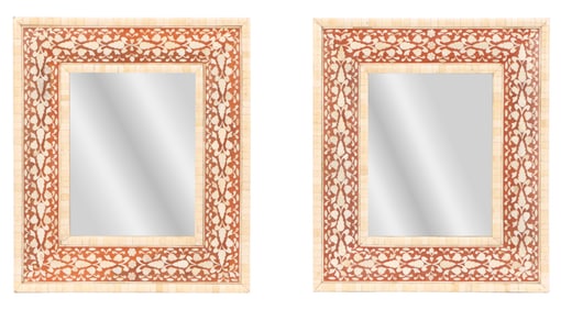 PAIR FAUX BONE INLAID MIRRORS WITH FLORAL MOTIF.