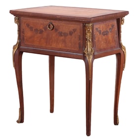 FRENCH BRONZE MOUNTED BURL WALNUT AND INLAID BAR CABINET WITH FOUR DROP DOWN DOORS C 1910.