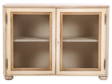 PAINTED AND GILTWOOD TWO DOOR CABINET IN THE REGENCY STYLE HAVING BRASS GRILLS.