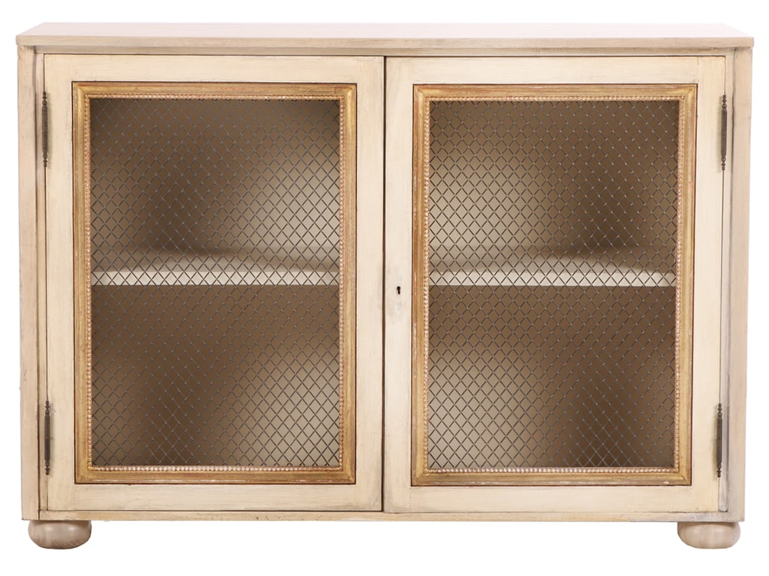 PAINTED AND GILTWOOD TWO DOOR CABINET IN THE REGENCY STYLE HAVING BRASS GRILLS. (1 of 8)