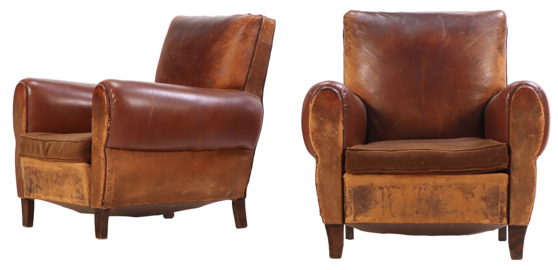 PAIR FRENCH LEATHER CLUB CHAIRS C 1940 HAVING VELVET COVERED SEAT CUSHIONS. (1 of 8)
