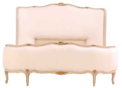 LOUIS XV STYLE PAINTED AND GILT CORBIELLE STYLE QUEEN WIDTH BED C 1930 HAVING NEW FABRIC.