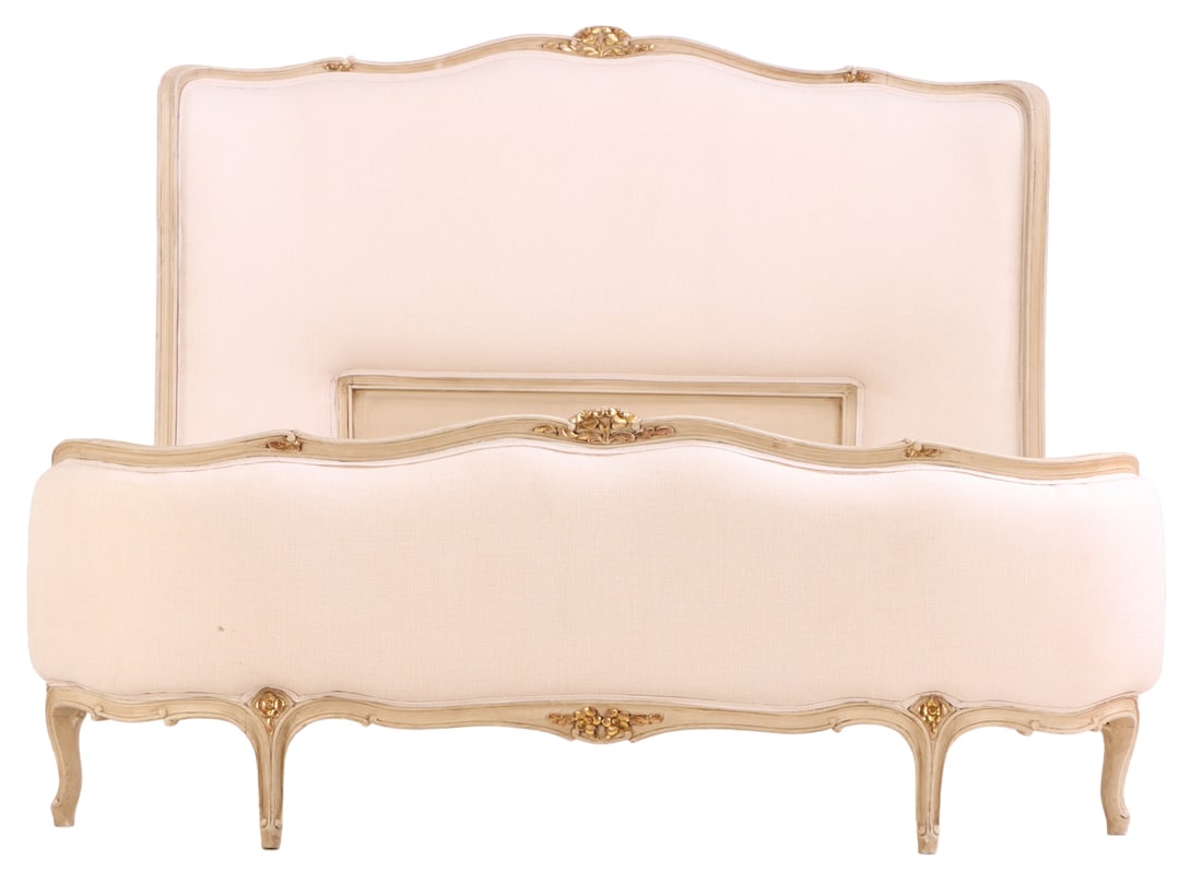 LOUIS XV STYLE PAINTED AND GILT CORBIELLE STYLE QUEEN WIDTH BED C 1930 HAVING NEW FABRIC. (1 of 7)