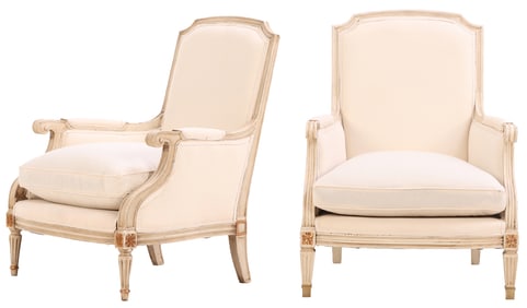 PAIR PAINTED LOUIS XVI STYLE BERGERE CHAIRS C 1940 HAVING NEW FABRIC.