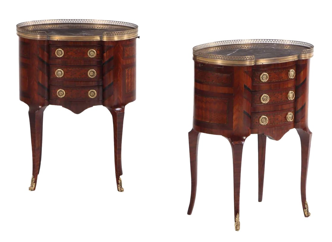 PAIR KIDNEY SHAPED MARBLE TOP CABINETS HAVING A BRONZE GALLERY AND LEATHER COVERED PULL OUT SLIDES (1 of 6)