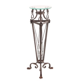 ELEGANT IRON AND GLASS PEDESTAL HAVING INCISED DETAILS AND DRAGON HEADS C 1920.