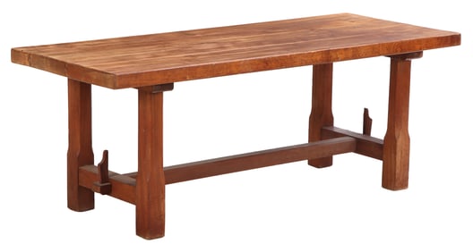 FRENCH SOLID OAK FARM TABLE HAVING A THICK TOP AND MORTIS AND TENON CONSTRUCTION C 1945.