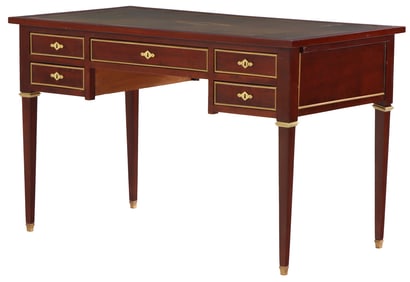 FRENCH DIRECTOIRE STYLE MAHOGANY LEATHER TOP WRITING DESK HAVING BRONZE MOUNTS AND LEATHER PULL